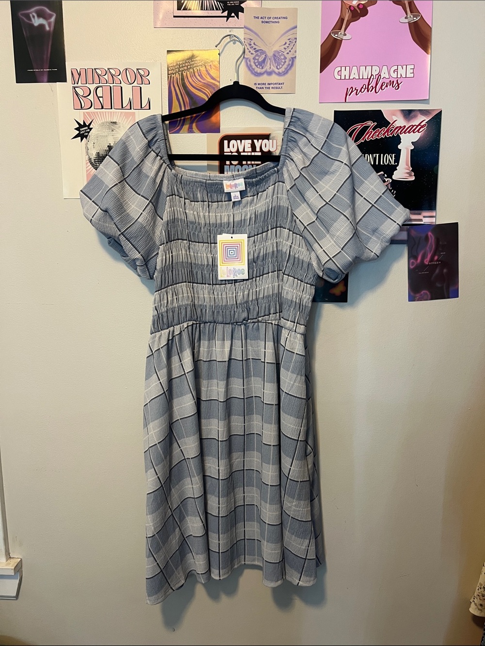 LuLaRoe Alina Light Blue Plaid Smocked Midi Dress